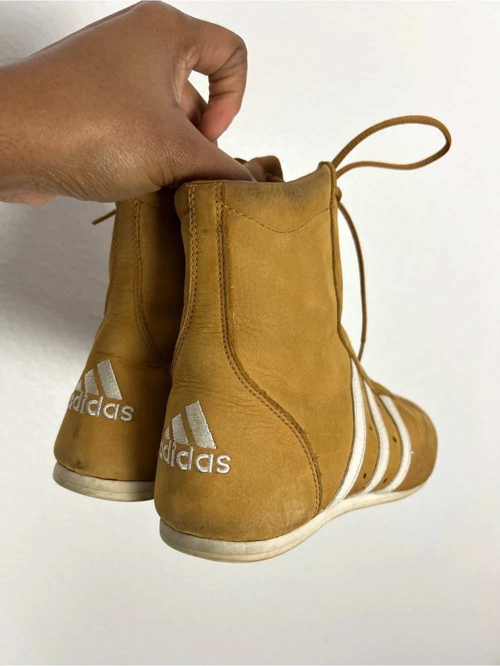 adidas Prajna Tan High-Top Lace-Up Sneakers with White Stripes Boxing Style